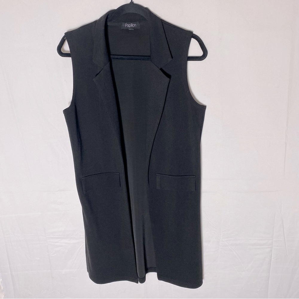 Papillon Black Open Front Long Sleeveless Blazer Vest S